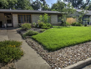 This image depicts the front view of 1300 Cloverleaf Dr. The zoysia grass is lined by river rock near the street and driveway. The yard has several curved beds containing native plants such as yuccas, lantana, cacti, and decorative grasses.