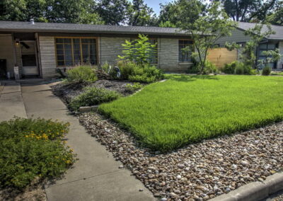 This image depicts the front view of 1300 Cloverleaf Dr. The zoysia grass is lined by river rock near the street and driveway. The yard has several curved beds containing native plants such as yuccas, lantana, cacti, and decorative grasses.