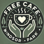 logo for the Free cafe social event, olive green background with the words Free Cafe above an icon of a steaming cup of coffee being cradled by two hands.