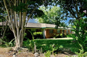 Another view of the front of the home with a variety of shade trees including pecan, and crepe myrtles. You'll also find several sago palms.