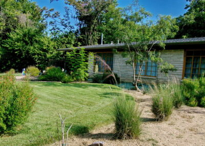 This is an image of the curved bed to the left of house which curves to the street and contains several pink muhly grasses which are just begging to show their vibrant color.