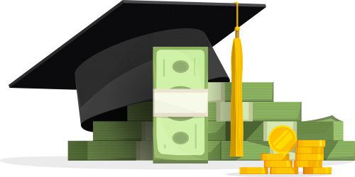 Mortar Board cartoon with stacks of cash and coins
