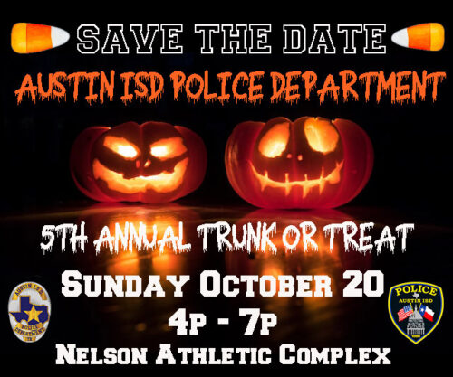 Two scary pumpkins advertising the Austin Police Departments 5th Annual Trunk or Treat Event On Sunday October 20th from 4pm until 7pm at the Nelson Athletic Complex