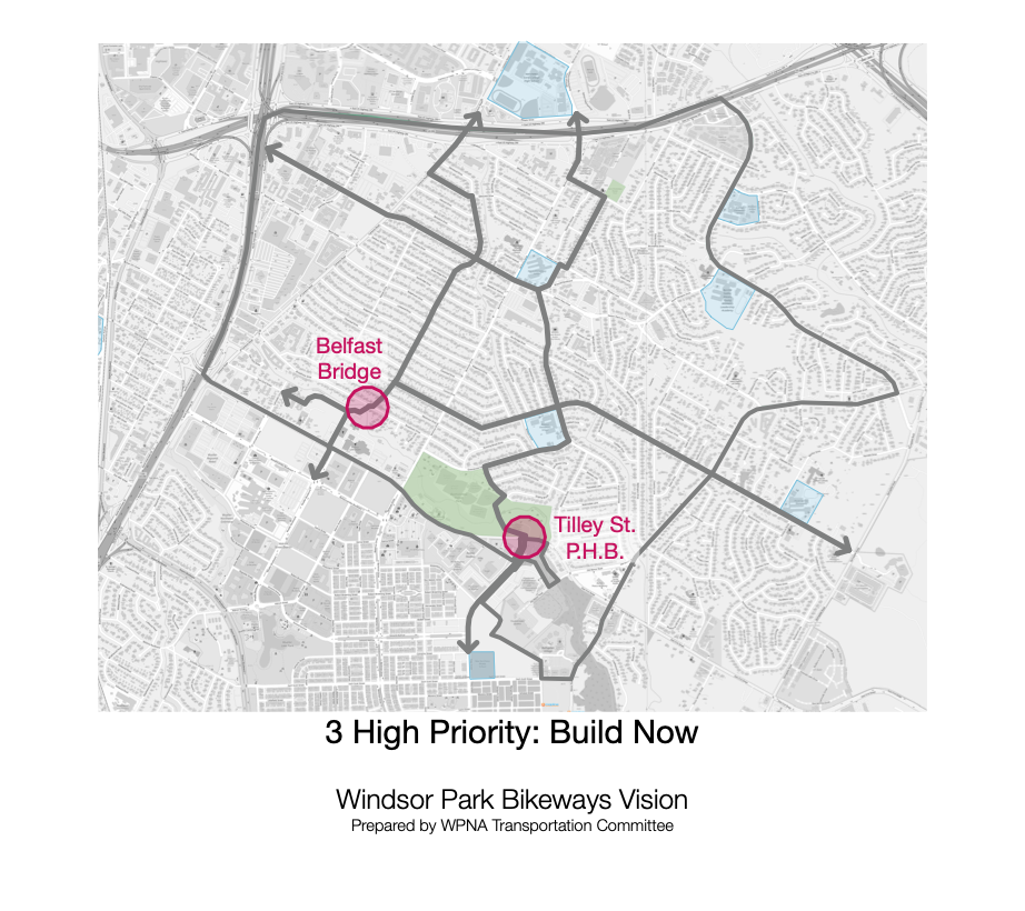 3 High Priority: Build Now A map of Winsdor Park with two locations highlighted, The Belfast Bridge and the Tilley Street Pedestrian Hybrid Beacon.