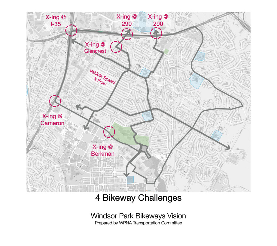 4 Bikeway Challenges: A map of Windsor Park with many challenging intersections for bicyclists to enter and exit the neighborhood.