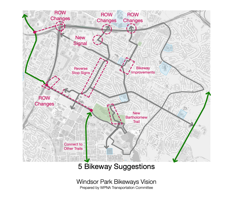 5 Bikeway Suggestions: A map of Windsor Park with suggested improvements to bicycle routes in the neighborhood.