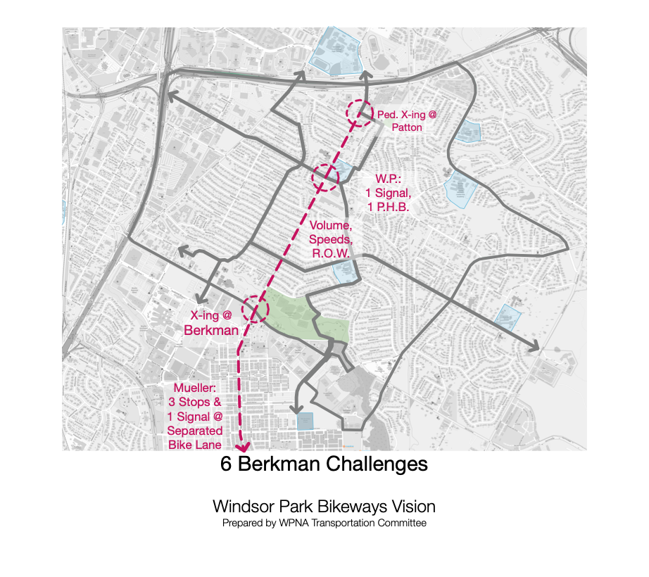 6 Berkman Challenges: A map of Windsor Park showing the challenges of Berkman for bicycles and pedestrians.